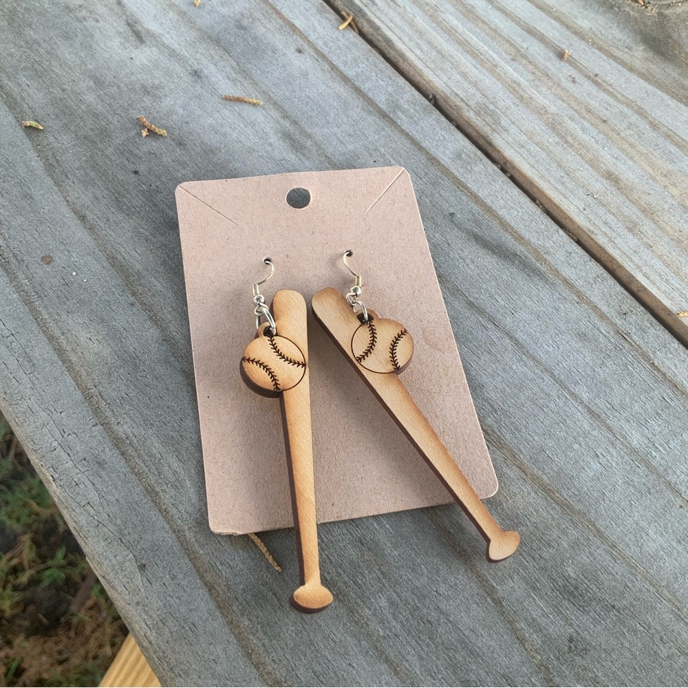 Baseball & Bat Earrings handmade wood pierced